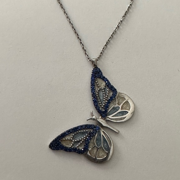 925 Silver butterfly necklace blue cz stones and blue white handmade enamel - Picture 4 of 4